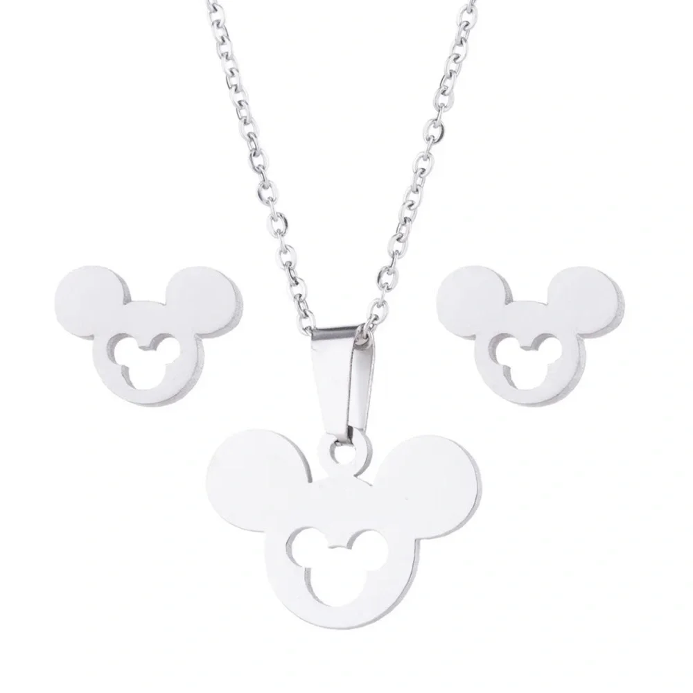 18K White Gold (Rhodium) Plated Disney Mickey Mouse Head Necklace & Earrings Set